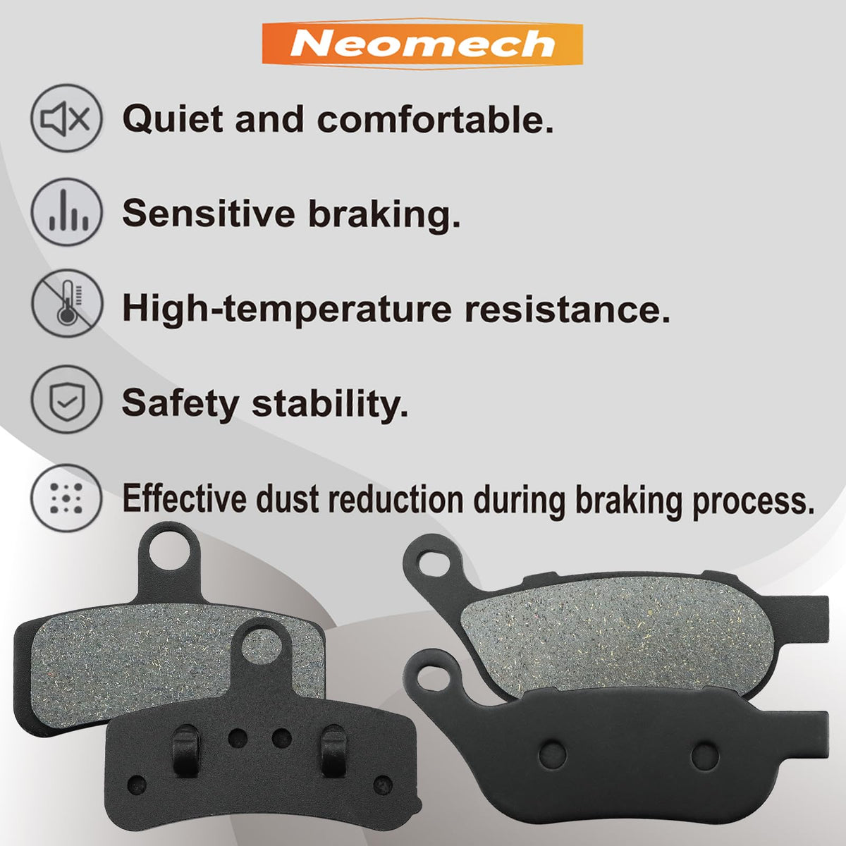 Neomech brake pad installed on a Harley front caliper, demonstrating direct-fit advantage