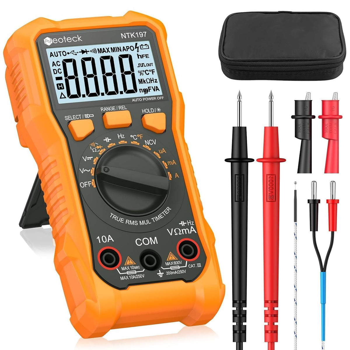 Neoteck front view showing meter display and benefits of portable diagnostics