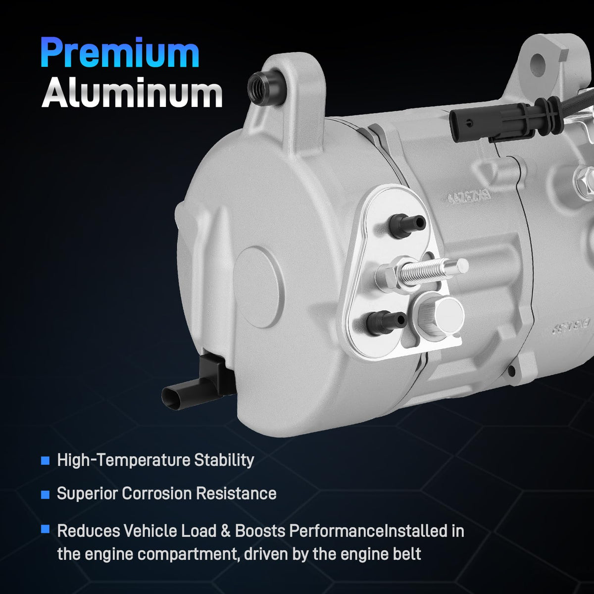 NEOVIRE compressor installed in engine bay demonstrating direct-fit replacement benefit