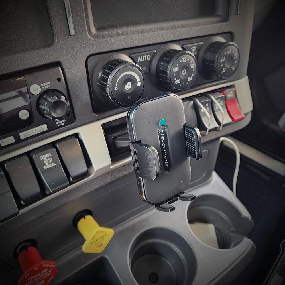 Never Inside holder with phone in use illustrating hands-free visibility and safety