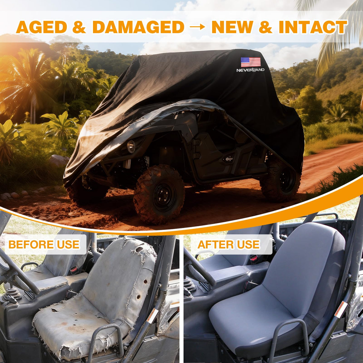 NEVERLAND cover installed on parked UTV outdoors, protects paint and controls