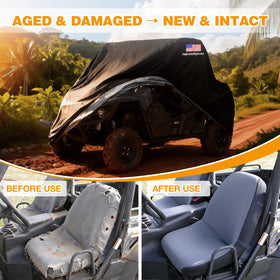 NEVERLAND cover installed on parked UTV outdoors, protects paint and controls