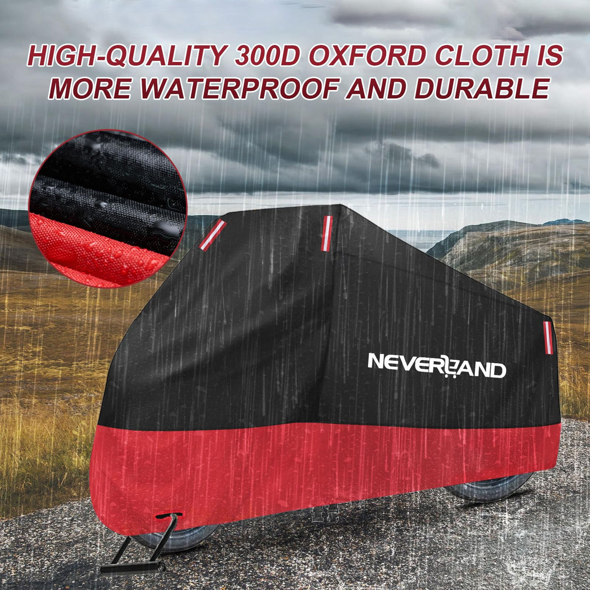 NEVERLAND covered motorcycle in rain demonstrating water resistance benefit