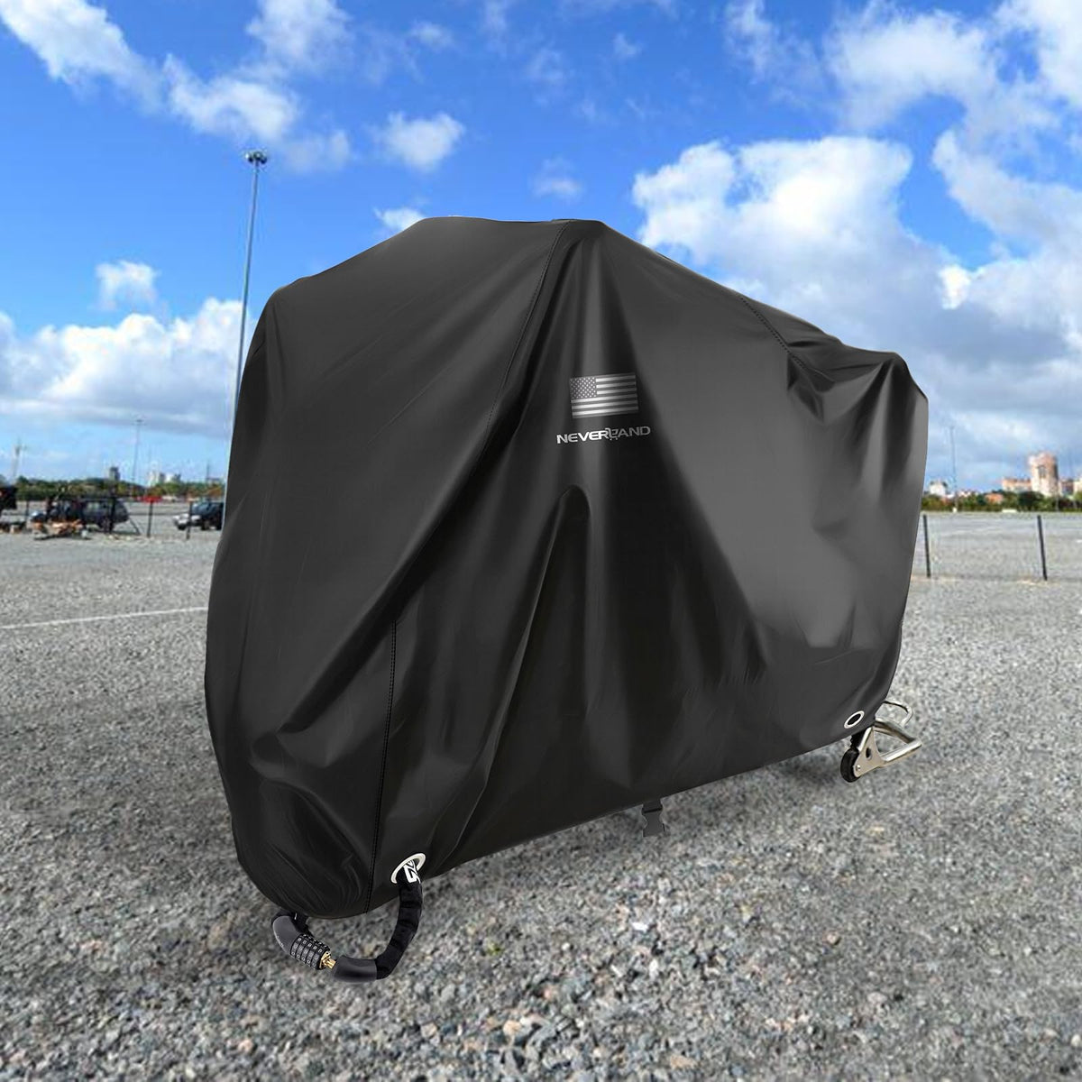 NEVERLAND covered motorcycle in driveway illustrating all-weather outdoor protection