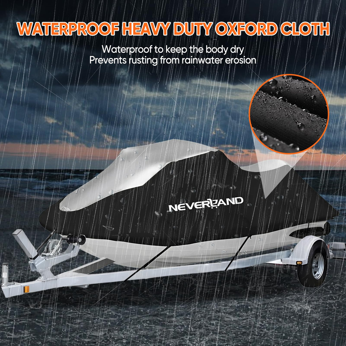 NEVERLAND close-up of elastic hem hugging bow and stern for snug fit and protection