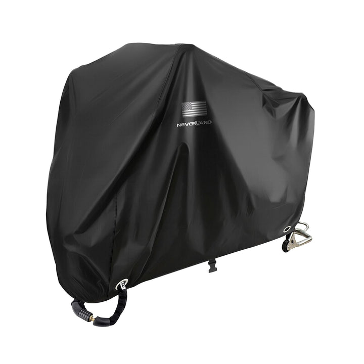 NEVERLAND front view of black motorcycle cover showing full protection and fit