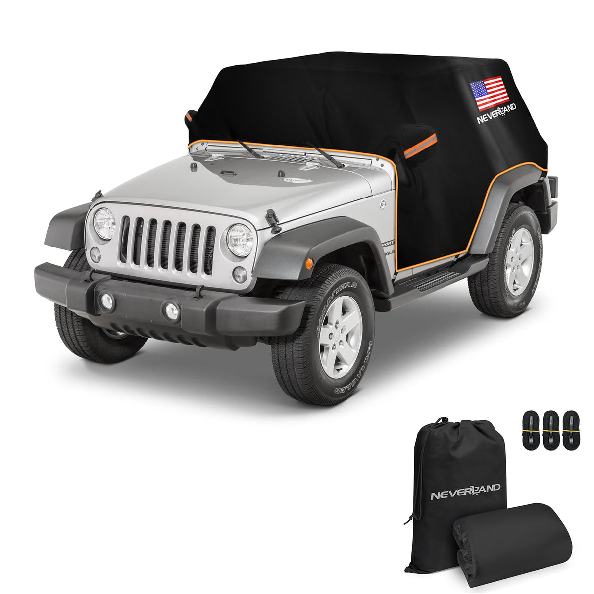 NEVERLAND front view on Wrangler showing sleek protective coverage and fit