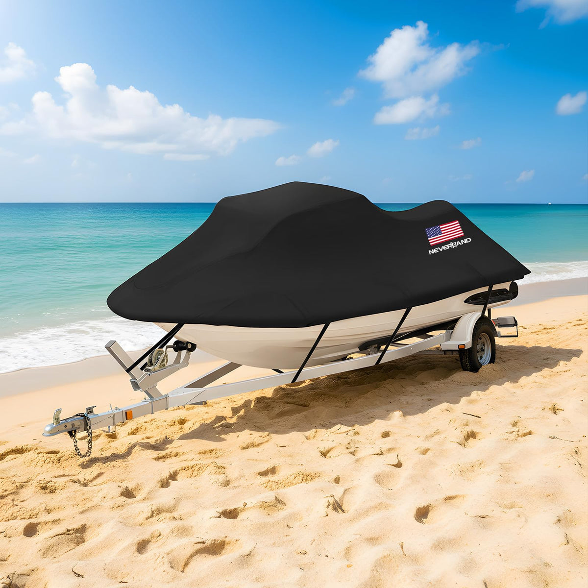 NEVERLAND lifestyle shot at marina, protects jet ski from sun and rain outdoors