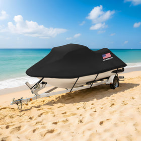 NEVERLAND lifestyle shot at marina, protects jet ski from sun and rain outdoors