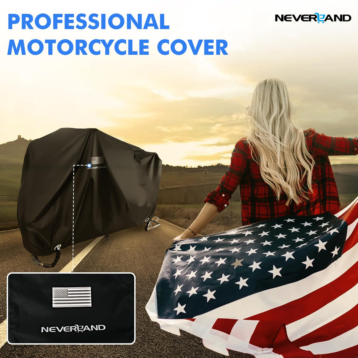 NEVERLAND reflective American flag logo improving low-light visibility and safety