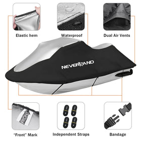 NEVERLAND size comparison on a 3-seater jet ski showing fit for 120 to 135 inch hulls