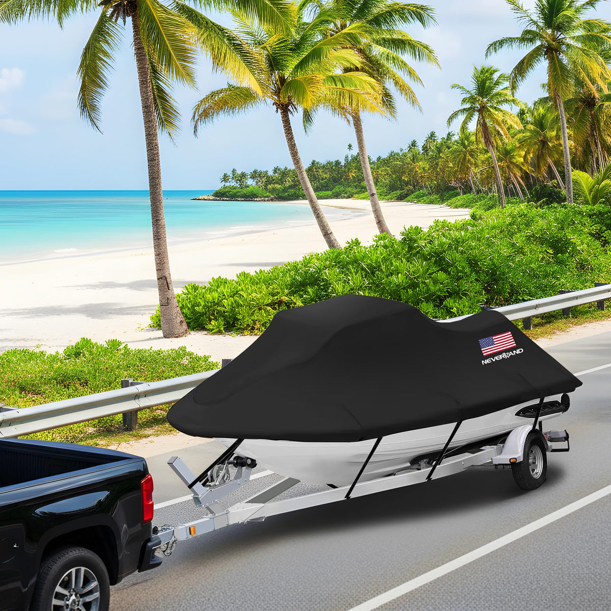 NEVERLAND side view of covered jet ski on trailer, demonstrates secure trailering