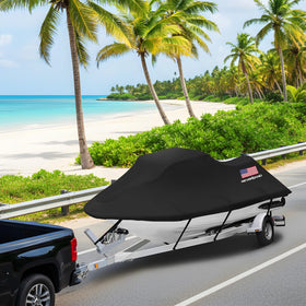 NEVERLAND side view of covered jet ski on trailer, demonstrates secure trailering