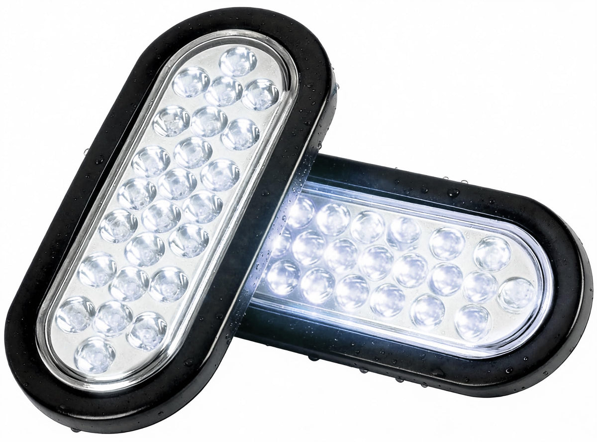 NEW SUN front view of oval LED tail light showing clear lens and bright signal