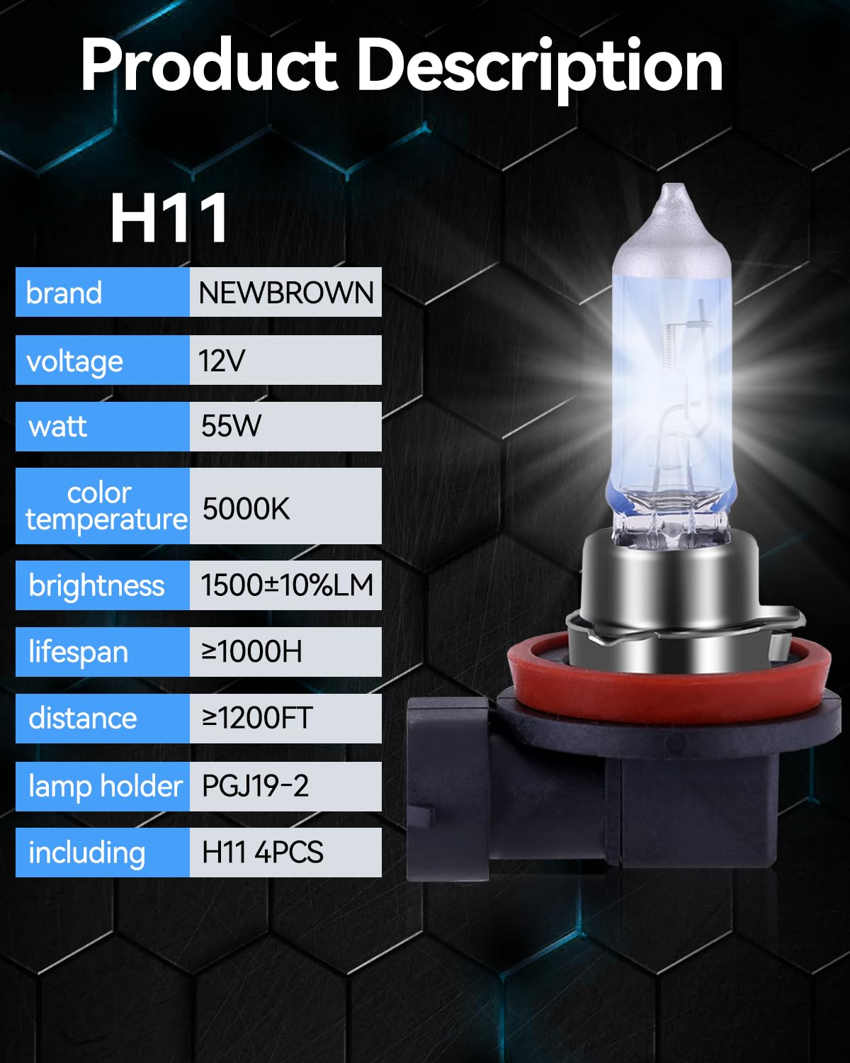 NEWBROWN bulb next to ruler indicating size, showing accurate scale for fitment benefit