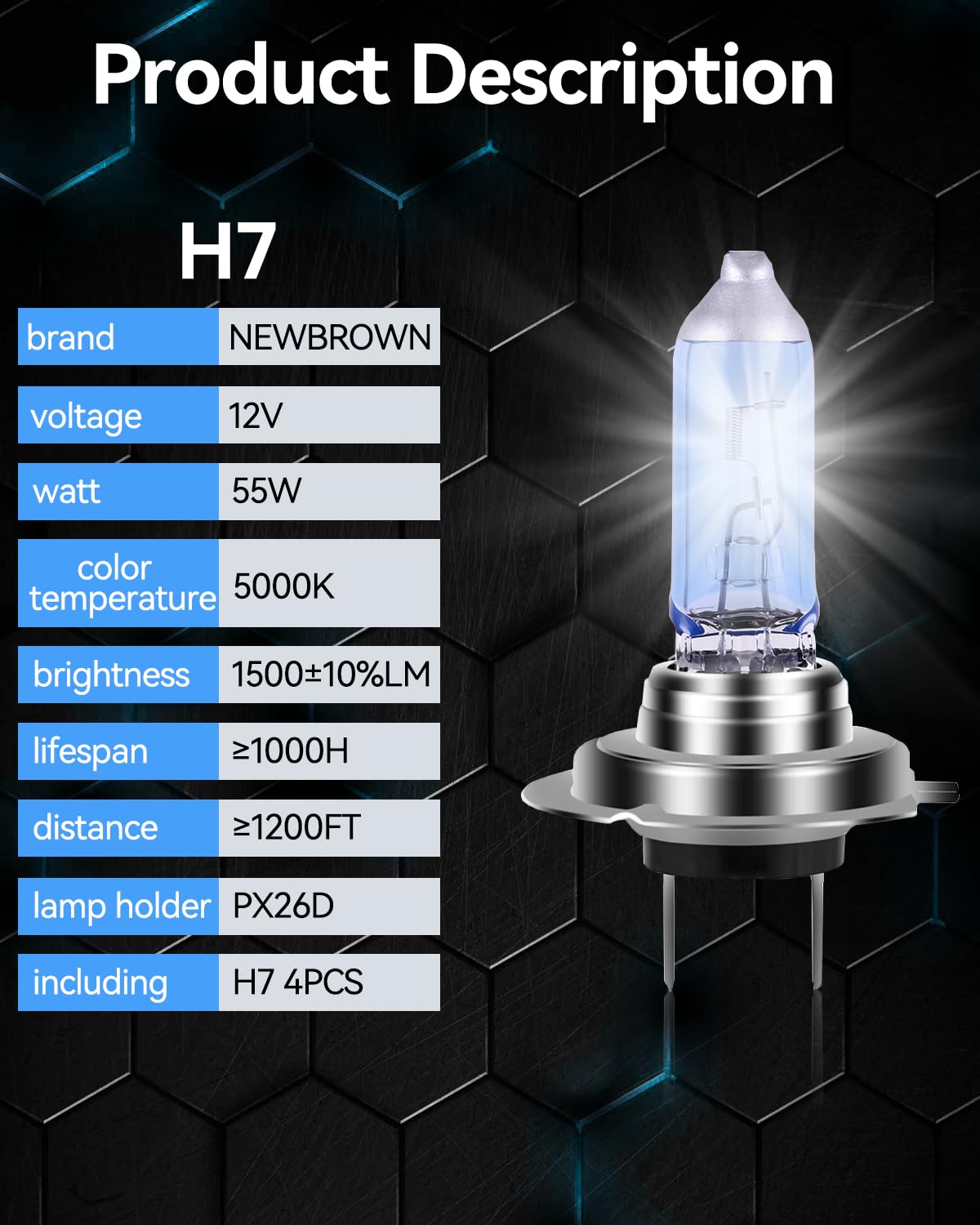 NEWBROWN H7 next to ruler showing compact PX26D fitment advantage