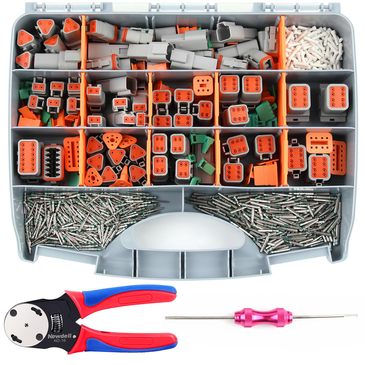 Newdeli front packaging showing full Deutsch connector kit and tools for ready use