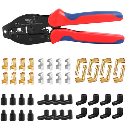 Newdeli front view of crimper kit showing tool and terminals for quick repairs