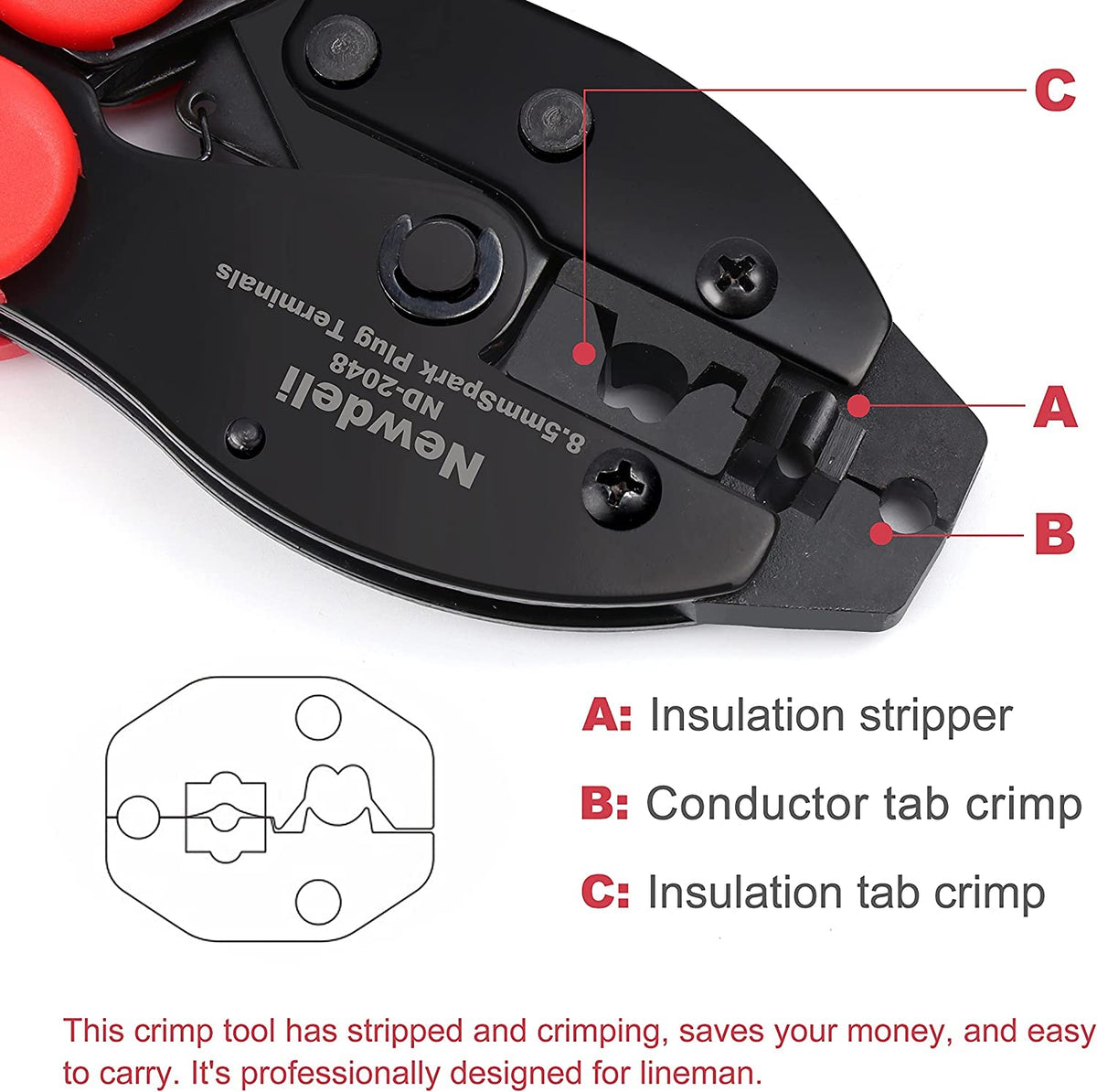 Newdeli crimper in use on ignition wire demonstrating one-step crimping