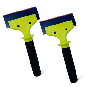NEWISHTOOL front view of two squeegees highlighting dual-durometer blades and long handles for controlled installs