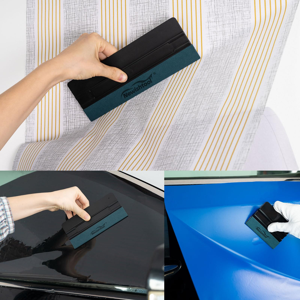 NEWISHTOOL in use smoothing car wrap to remove bubbles and ensure adhesion