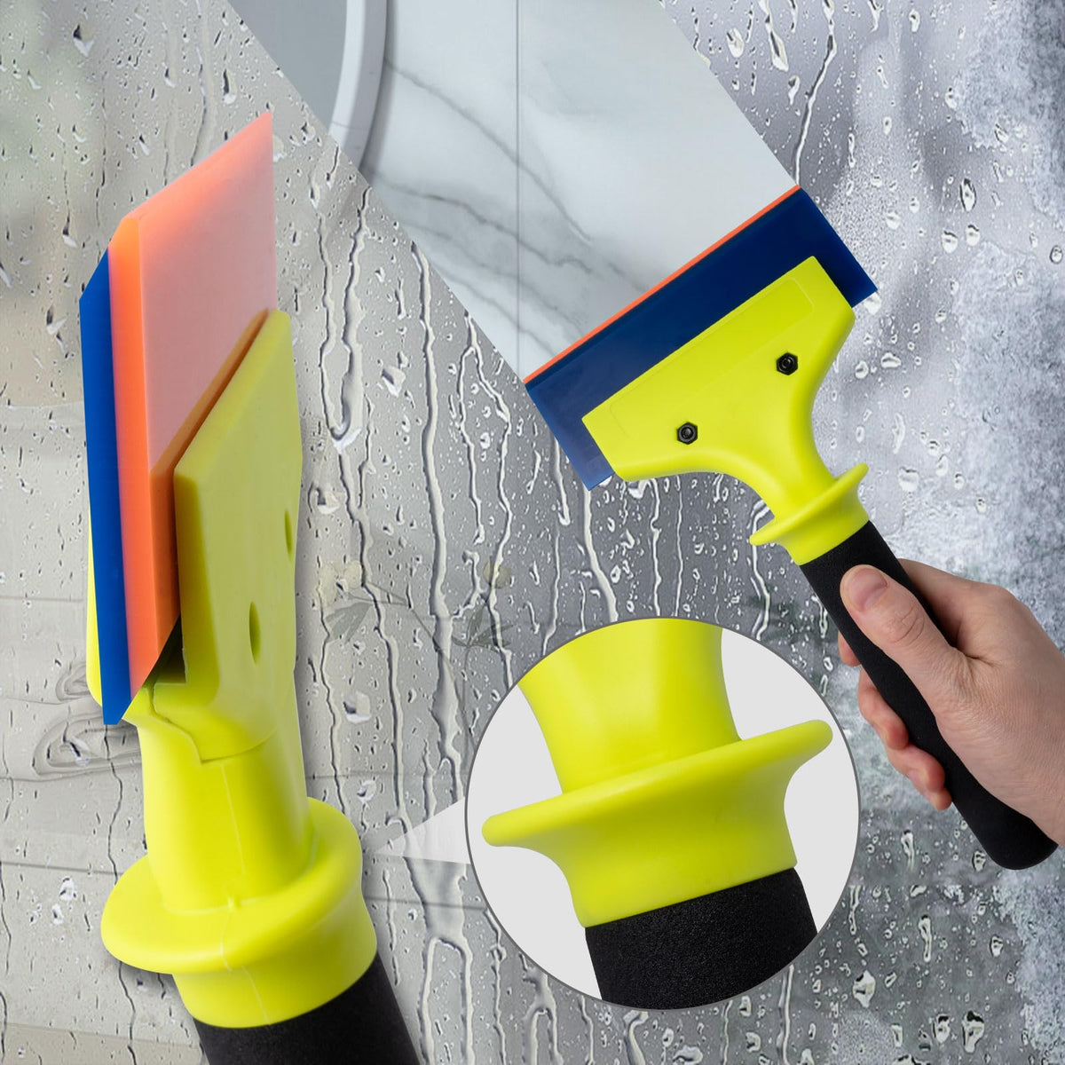 NEWISHTOOL squeegee in use on a car rear window showing efficient water removal and smooth film application