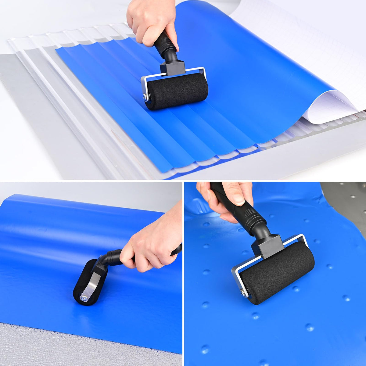NEWISHTOOL roller being used on a car door to smooth vinyl and remove bubbles