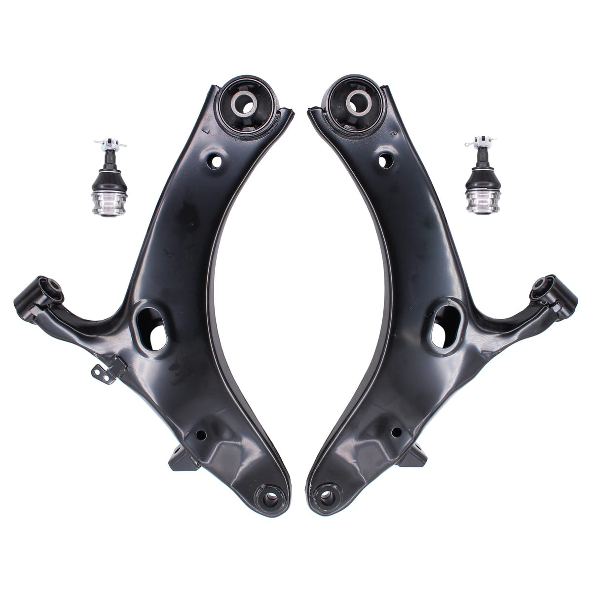 NewYall front left and right control arms in packaging showing fitment and parts benefits