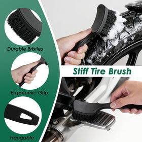 NexaBrush stiff tire brush scrubbing tire tread to restore grip and remove road grime