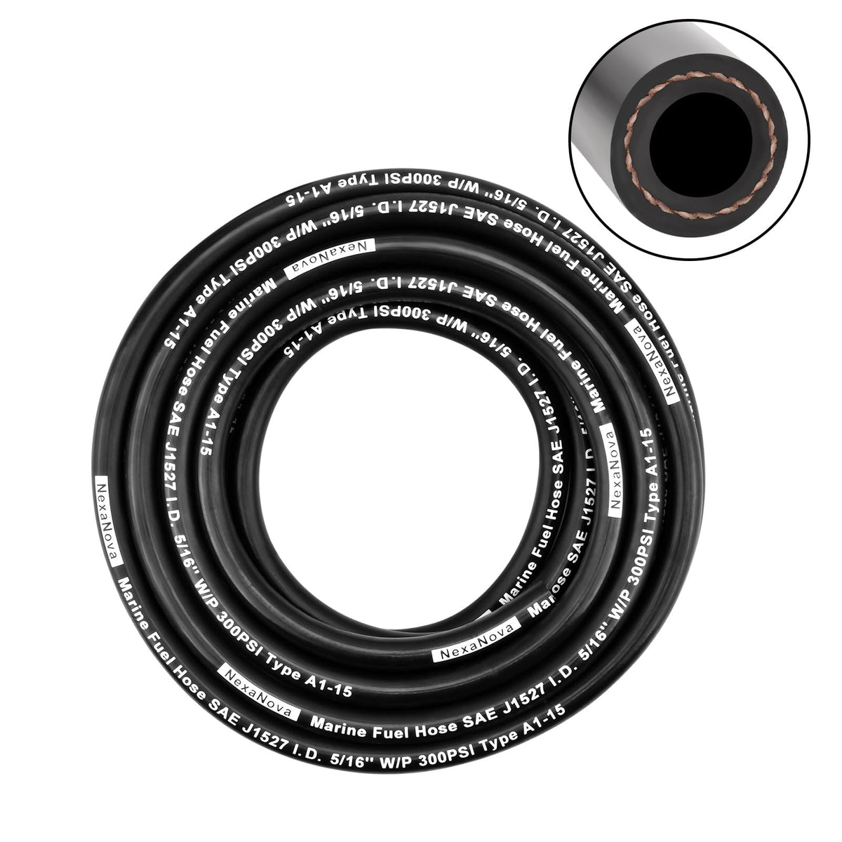 NexaNova front view of coiled 10ft marine fuel hose showing label and benefits
