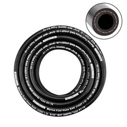 NexaNova front view of coiled 10ft marine fuel hose showing label and benefits