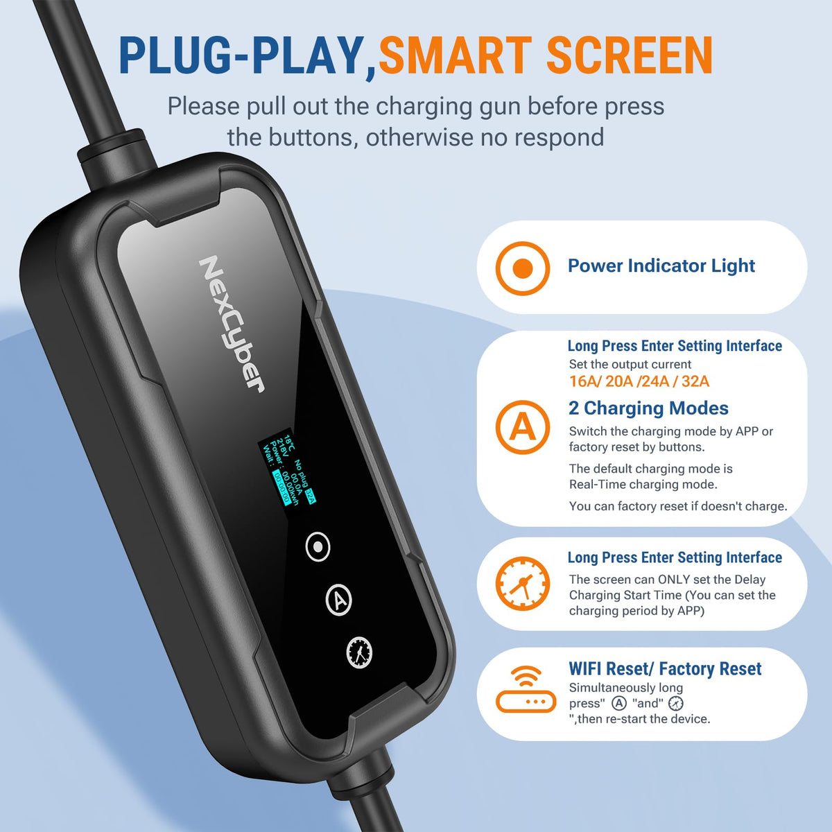 NexCyber plugged into a NEMA 14‑50 outlet illustrating fast 240V charging benefit