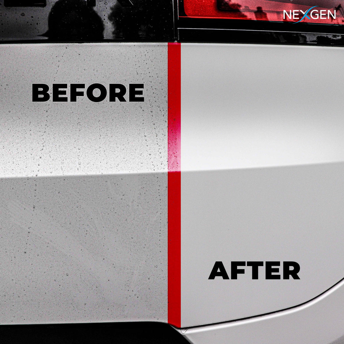 Nexgen before and after door panel showing restored shine and contamination removal