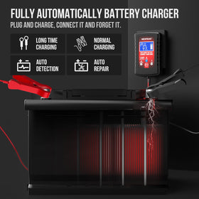 NEXPEAK in use on a car battery demonstrating safe maintenance charging