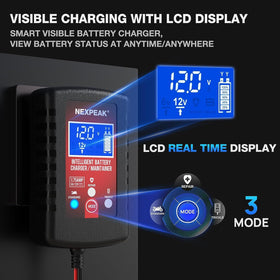 NEXPEAK LCD close-up displaying charge percentage and voltage for clarity