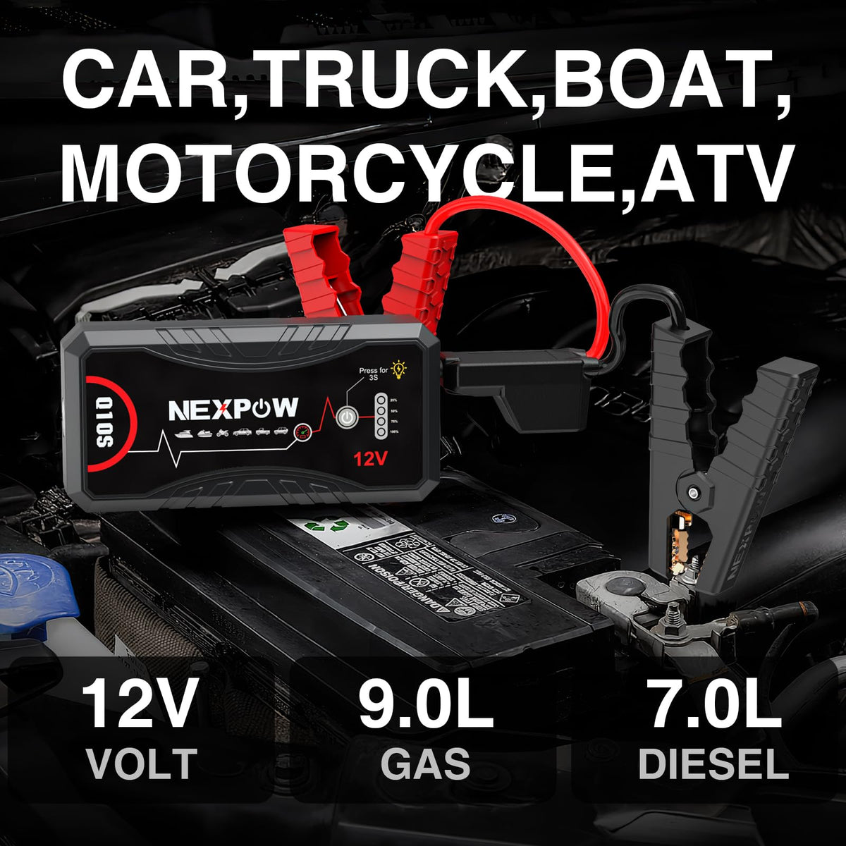 NEXPOW smart jumper cables connected to battery demonstrating safe spark-proof attachment