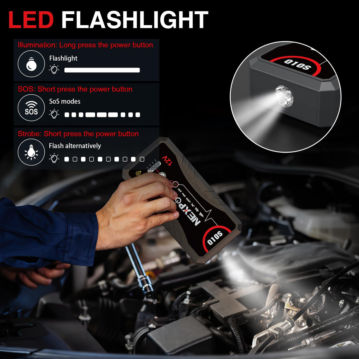 NEXPOW LED flashlight in use providing bright illumination for roadside repairs