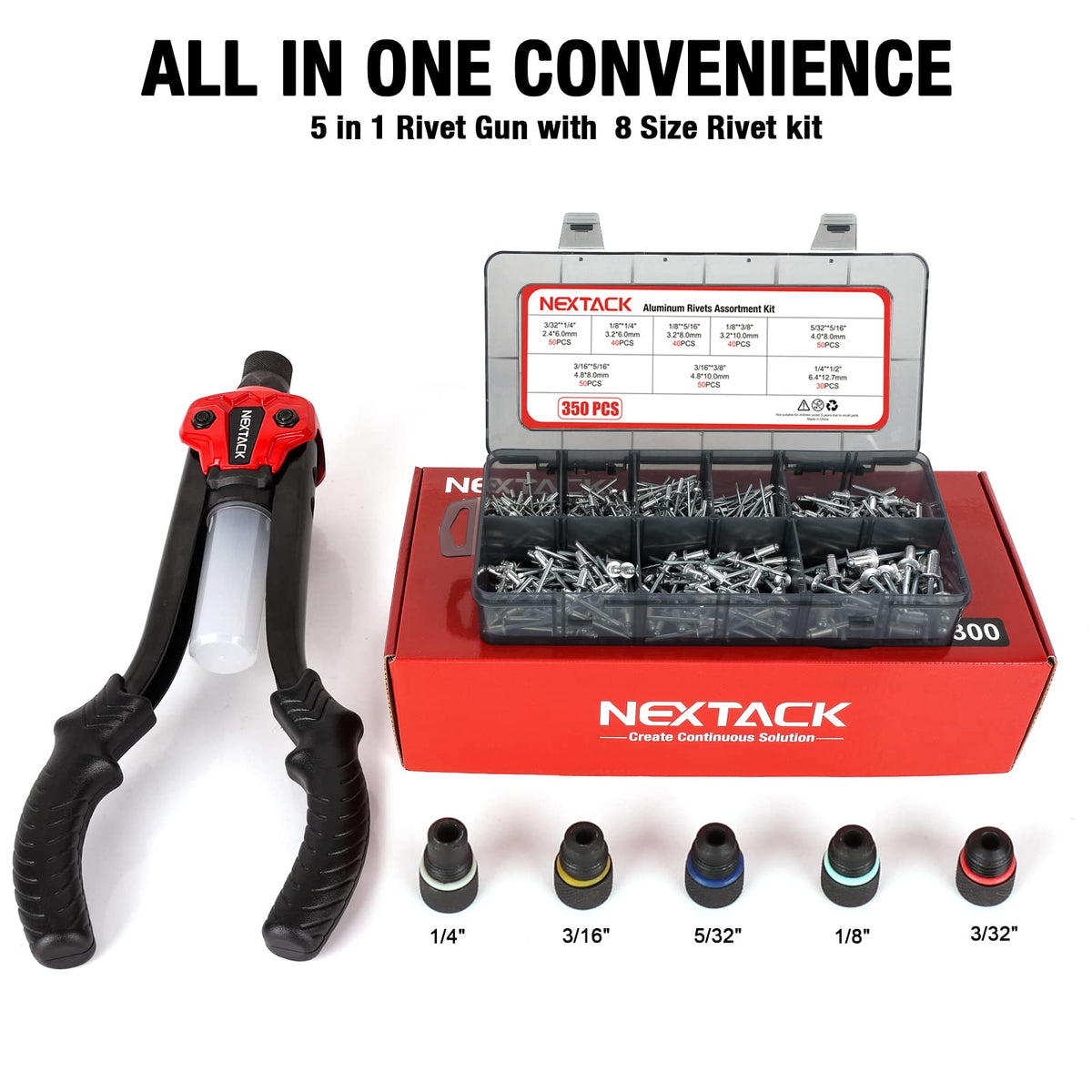 NEXTACK NT300 rivets assortment laid out to show included sizes and DIY readiness