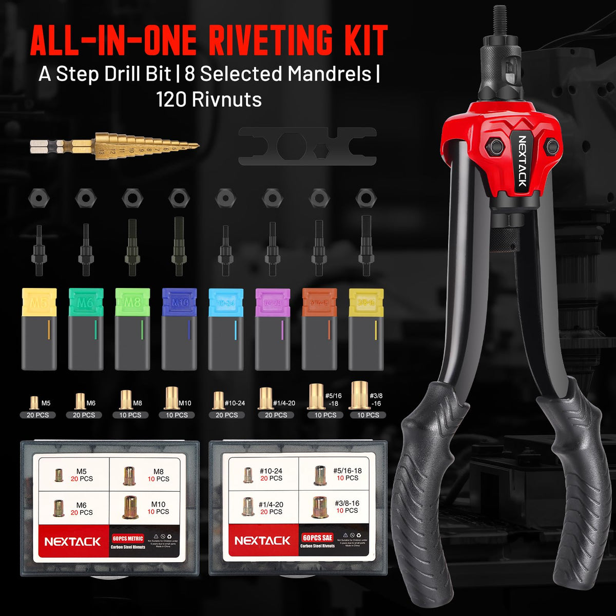NEXTACK step drill and wrench detail for precise hole prep and fast changes