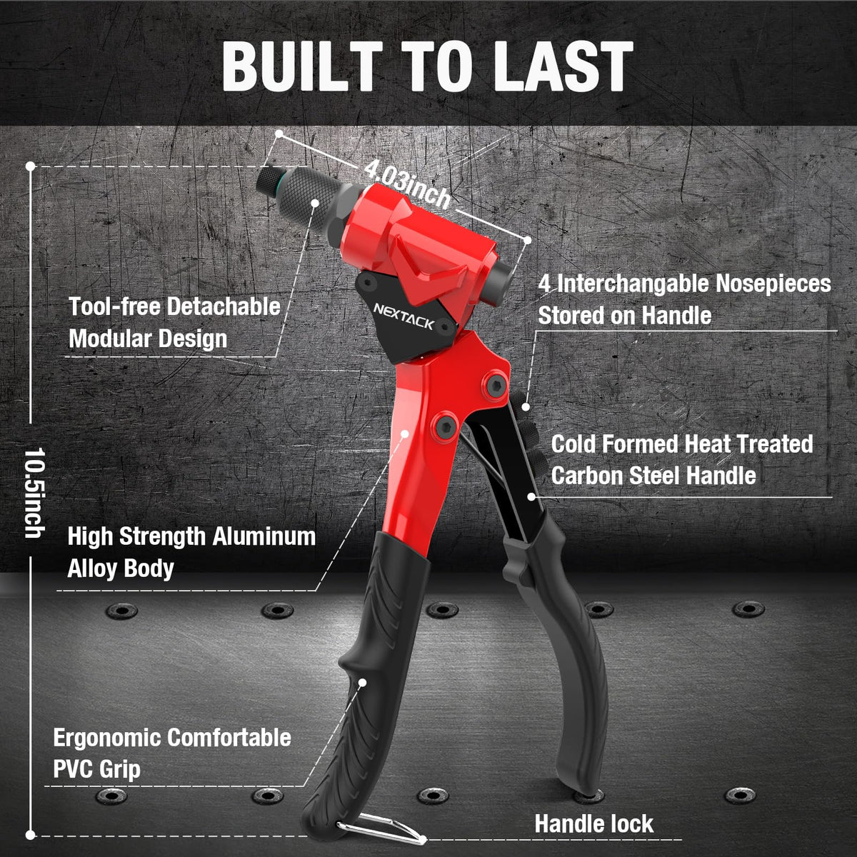 NEXTACK rivet gun held in hand demonstrating ergonomic comfort