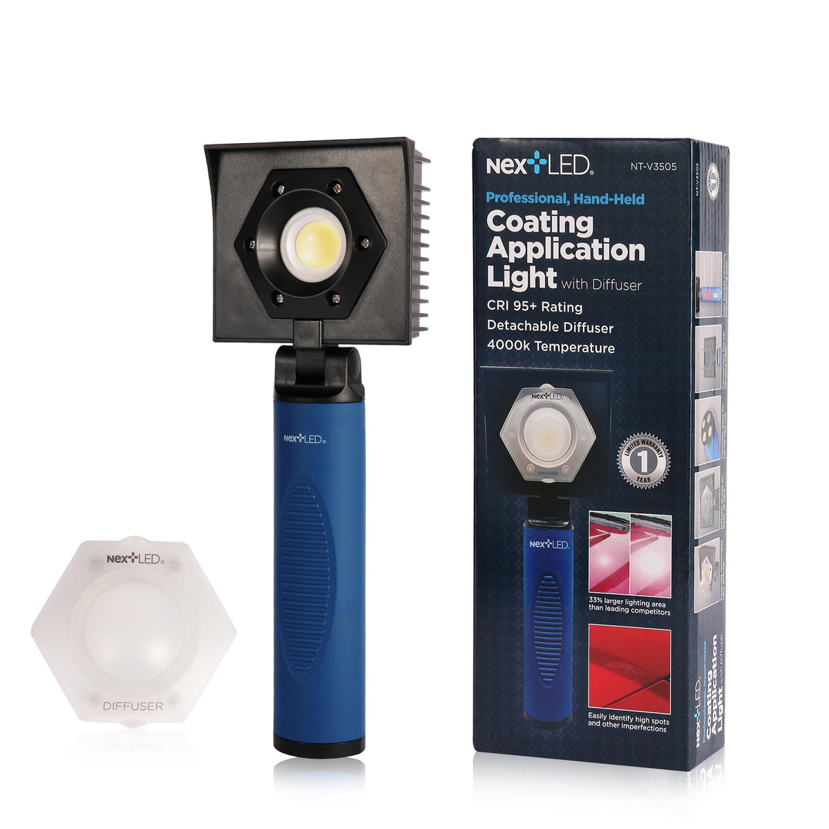 NextLED NT-V3505 front view showing compact design and bright beam benefit