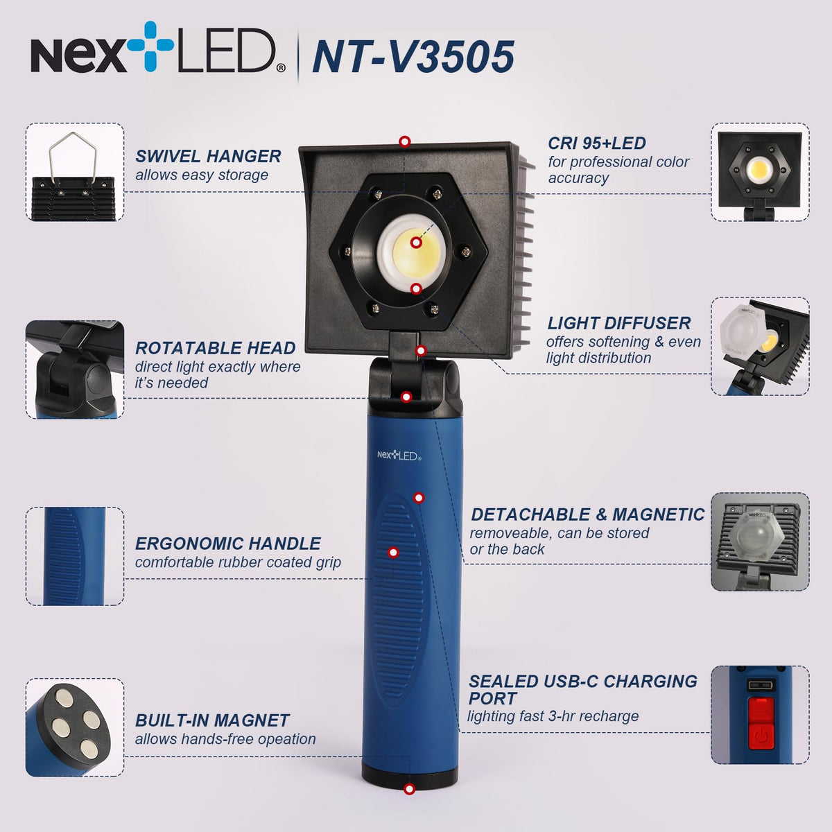 NextLED NT-V3505 flip-up hook in use hung above panel for stable lighting benefit