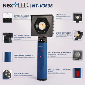 NextLED NT-V3505 flip-up hook in use hung above panel for stable lighting benefit