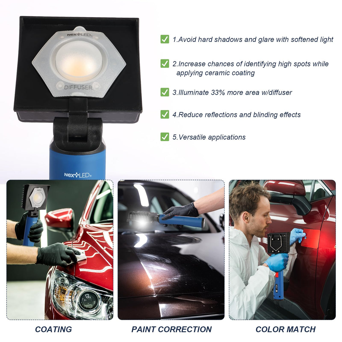 NextLED NT-V3505 illuminating car panel to reveal swirls and coating coverage benefit