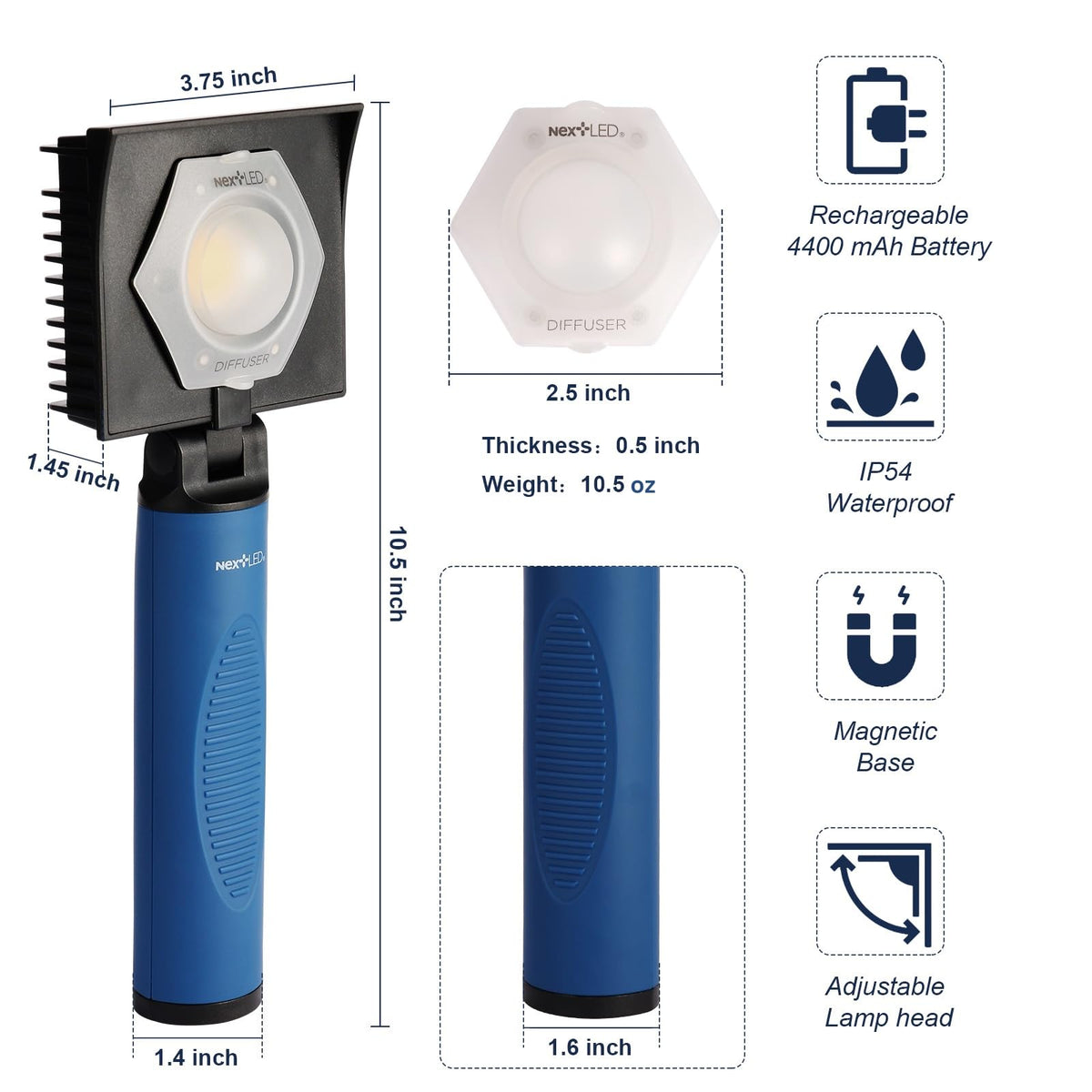 NextLED NT-V3505 held in hand to show scale and portable convenience benefit