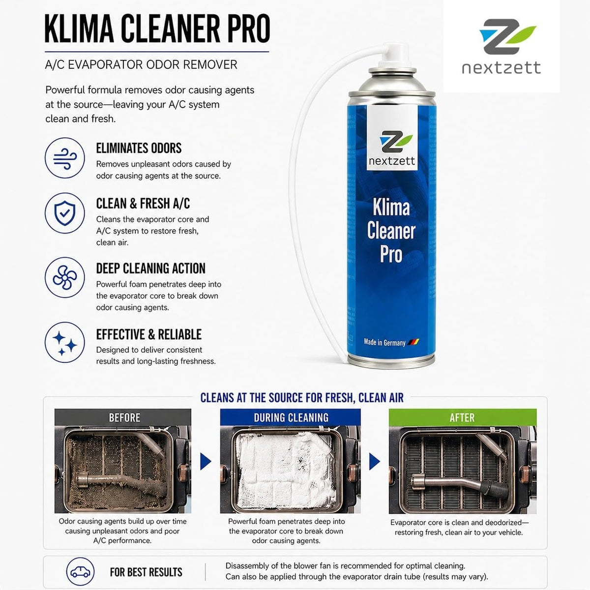 nextzett application hose close-up guiding foam to evaporator for precise cleaning benefit