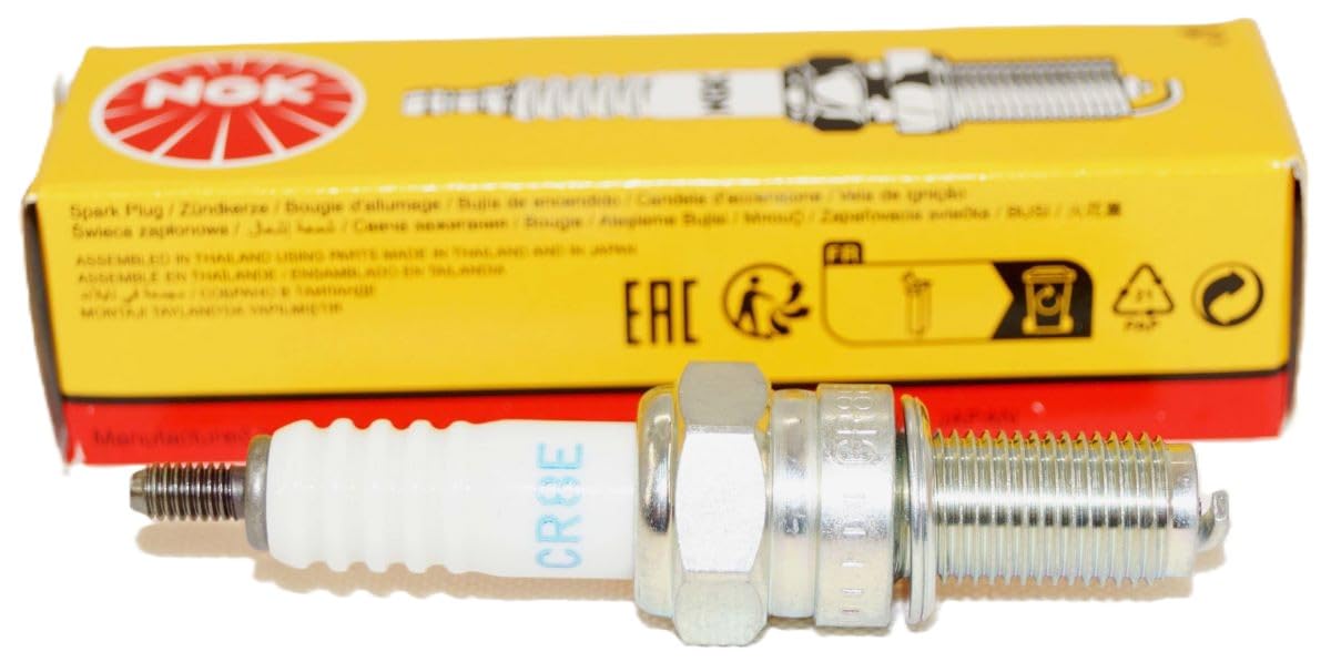 NGK CR8E close-up of electrode tip and ceramic insulator, showing durable design benefit