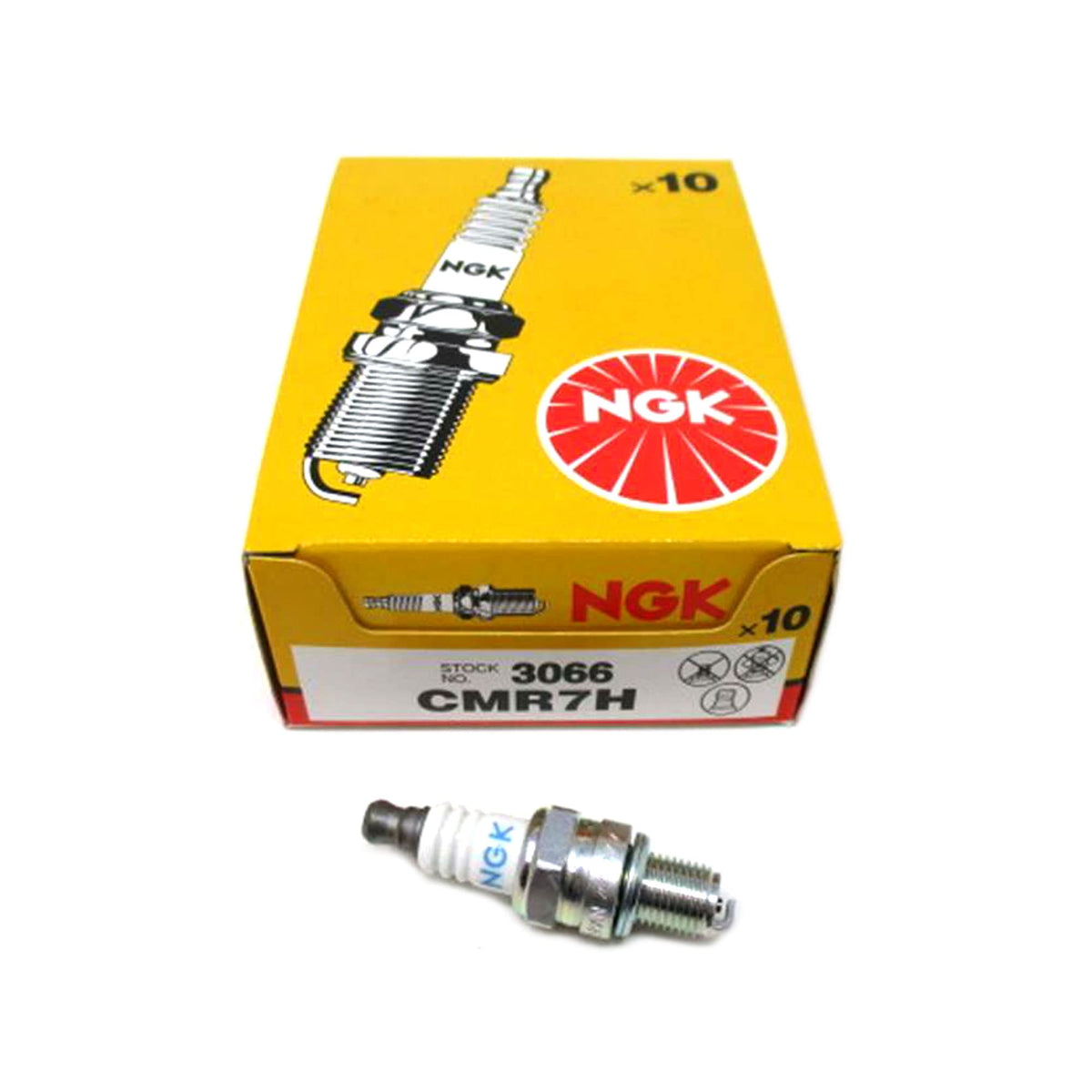 NGK front packaging showing 10-pack CMR7H plugs and clear box — genuine NGK reliability