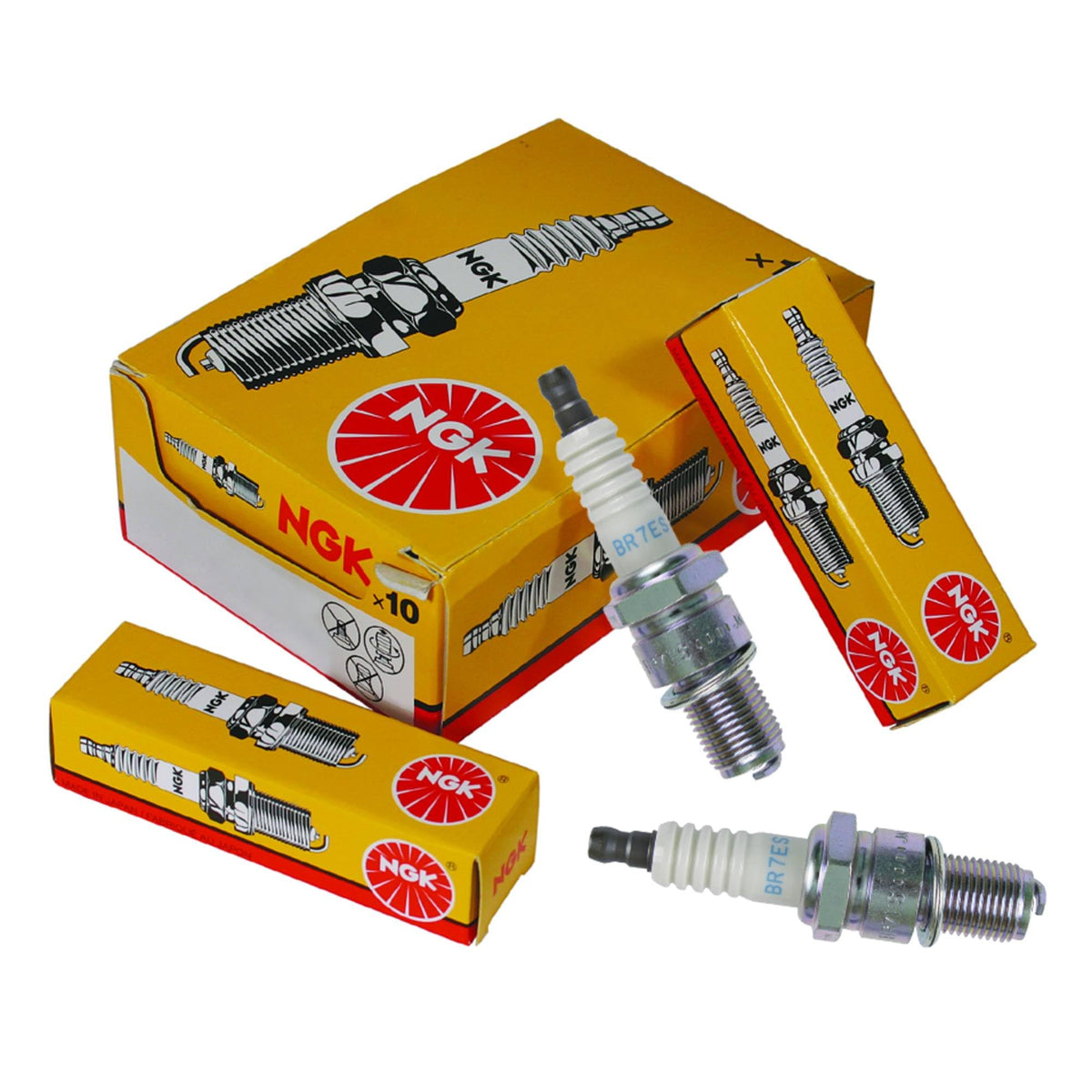 NGK BR7ES front packaging showing four spark plugs and product labeling, reliable replacement