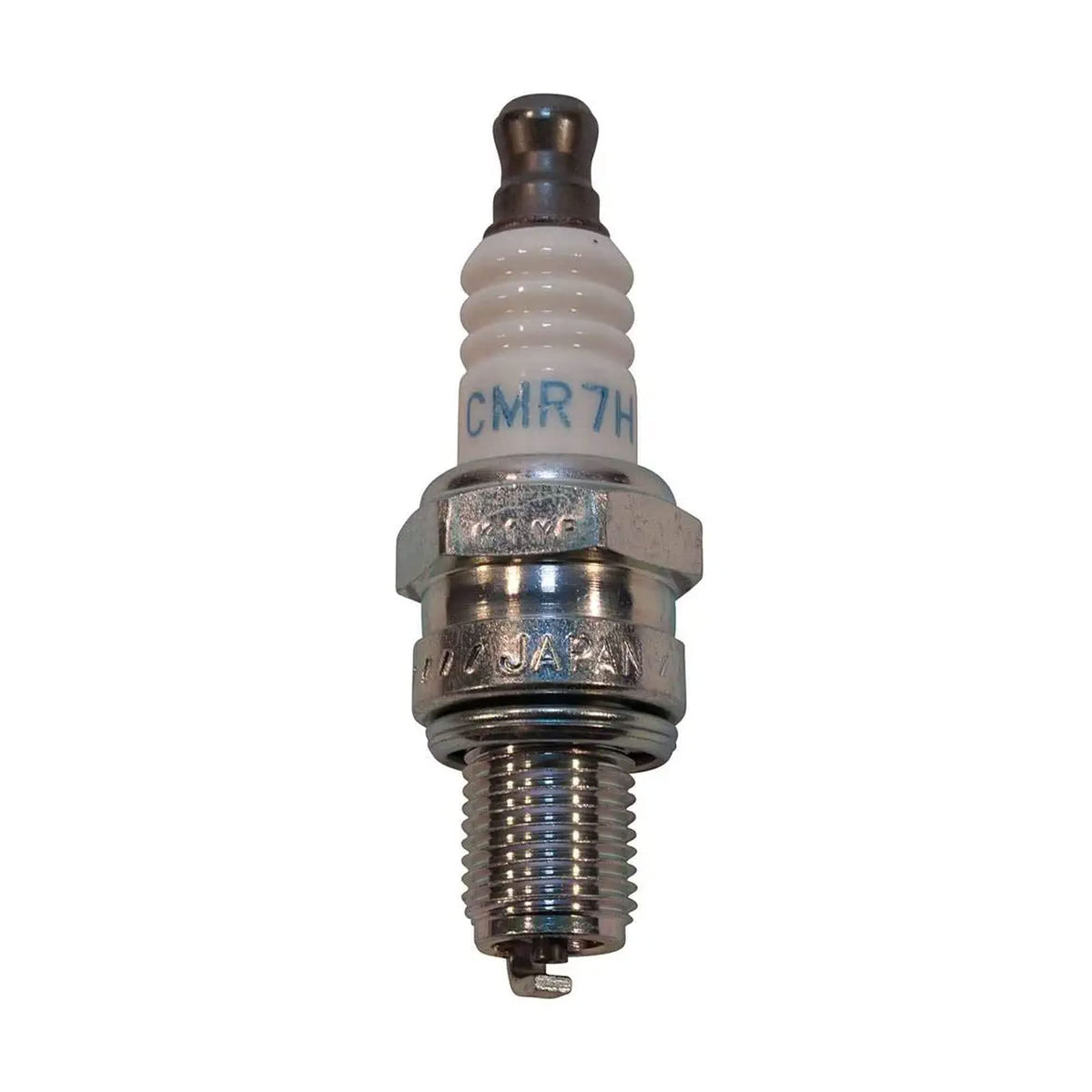 Close-up of NGK CMR7H spark plug electrode and insulator detail for consistent ignition